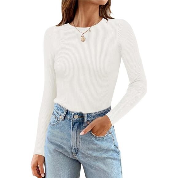 Women's Long Sleeve Crewneck Shirts - Fall Knit Sweater, Slim Fitted Casual - Picture 1 of 7